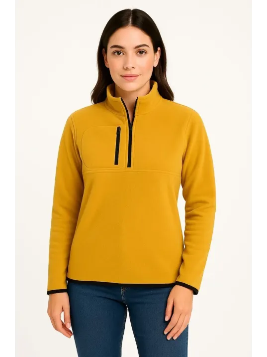 Kadın Polar Kazak – Dik Yaka, Yarım Fermuarlı, Fermuarlı Göğüs Cepli, Siyah Biyeli, Kışlık Rahat Regular Fit Günlük Model - Sarı Kadın Polar Kazak – Dik Yaka, Yarım Fermuarlı, Fermuarlı Göğüs Cepli, Siyah Biyeli, Kışlık Rahat Regular Fit Günlük Model - Sarı