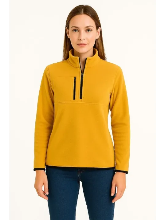 Kadın Polar Kazak – Dik Yaka, Yarım Fermuarlı, Fermuarlı Göğüs Cepli, Siyah Biyeli, Kışlık Rahat Regular Fit Günlük Model - Sarı Kadın Polar Kazak – Dik Yaka, Yarım Fermuarlı, Fermuarlı Göğüs Cepli, Siyah Biyeli, Kışlık Rahat Regular Fit Günlük Model - Sarı