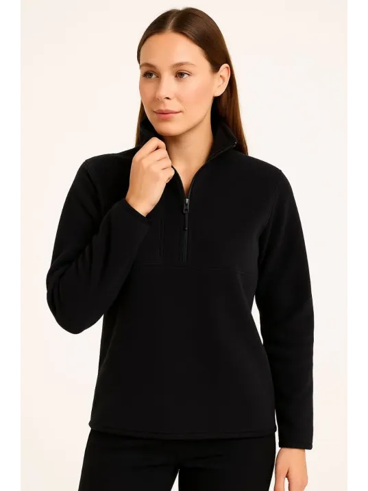 Kadın Polar Kazak – Dik Yaka, Yarım Fermuarlı, Fermuarlı Göğüs Cepli, Siyah Biyeli, Kışlık Rahat Regular Fit Günlük Model - Siyah Kadın Polar Kazak – Dik Yaka, Yarım Fermuarlı, Fermuarlı Göğüs Cepli, Siyah Biyeli, Kışlık Rahat Regular Fit Günlük Model - Siyah