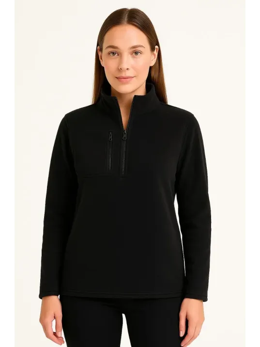 Kadın Polar Kazak – Dik Yaka, Yarım Fermuarlı, Fermuarlı Göğüs Cepli, Siyah Biyeli, Kışlık Rahat Regular Fit Günlük Model - Siyah Kadın Polar Kazak – Dik Yaka, Yarım Fermuarlı, Fermuarlı Göğüs Cepli, Siyah Biyeli, Kışlık Rahat Regular Fit Günlük Model - Siyah