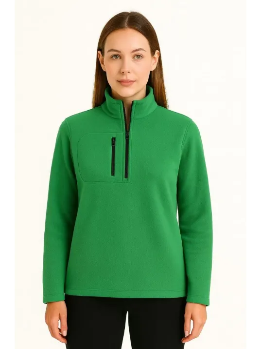 Kadın Polar Kazak – Dik Yaka, Yarım Fermuarlı, Fermuarlı Göğüs Cepli, Siyah Biyeli, Kışlık Rahat Regular Fit Günlük Model - Yeşil Kadın Polar Kazak – Dik Yaka, Yarım Fermuarlı, Fermuarlı Göğüs Cepli, Siyah Biyeli, Kışlık Rahat Regular Fit Günlük Model - Yeşil