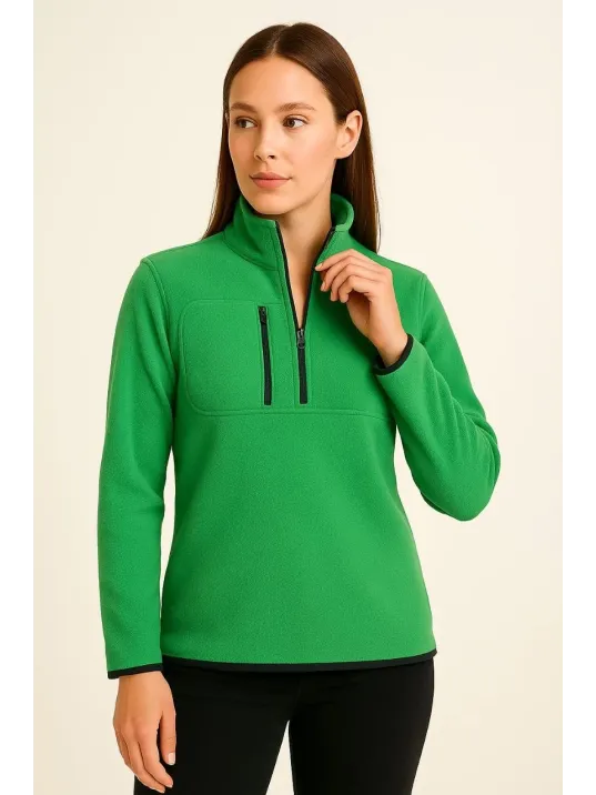 Kadın Polar Kazak – Dik Yaka, Yarım Fermuarlı, Fermuarlı Göğüs Cepli, Siyah Biyeli, Kışlık Rahat Regular Fit Günlük Model - Yeşil Kadın Polar Kazak – Dik Yaka, Yarım Fermuarlı, Fermuarlı Göğüs Cepli, Siyah Biyeli, Kışlık Rahat Regular Fit Günlük Model - Yeşil