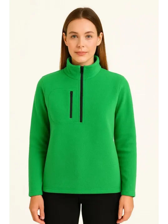 Kadın Polar Kazak – Dik Yaka, Yarım Fermuarlı, Fermuarlı Göğüs Cepli, Siyah Biyeli, Kışlık Rahat Regular Fit Günlük Model - Yeşil Kadın Polar Kazak – Dik Yaka, Yarım Fermuarlı, Fermuarlı Göğüs Cepli, Siyah Biyeli, Kışlık Rahat Regular Fit Günlük Model - Yeşil