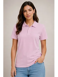 Kadın Polo Yaka Pike Kumaş Düğmeli Basic Tişört Günlük Rahat - Pembe