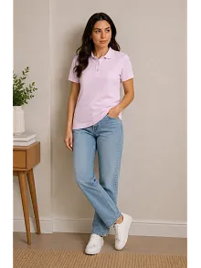Kadın Polo Yaka Pike Kumaş Düğmeli Basic Tişört Günlük Rahat - Pembe Kadın Polo Yaka Pike Kumaş Düğmeli Basic Tişört Günlük Rahat - Pembe