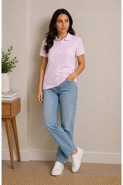 Kadın Polo Yaka Pike Kumaş Düğmeli Basic Tişört Günlük Rahat - Pembe Kadın Polo Yaka Pike Kumaş Düğmeli Basic Tişört Günlük Rahat - Pembe