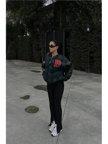 Kadın Pötikare Desen Nakışlı Kolej Ceket - Haki