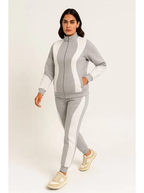 Kadın Premium Parçalı Eşofman Takım - Dik Yaka Fermuarlı Sweatshirt - Gri