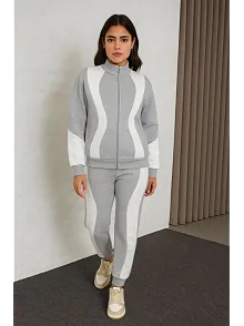 Kadın Premium Parçalı Eşofman Takım - Dik Yaka Fermuarlı Sweatshirt - Gri