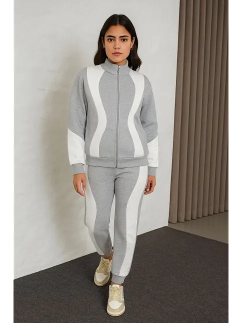 Kadın Premium Parçalı Eşofman Takım - Dik Yaka Fermuarlı Sweatshirt - Gri
