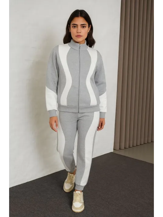 Kadın Premium Parçalı Eşofman Takım - Dik Yaka Fermuarlı Sweatshirt - Gri