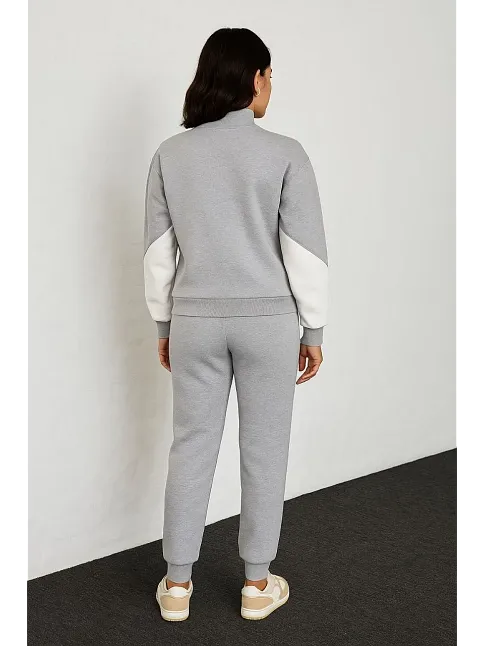 Kadın Premium Parçalı Eşofman Takım - Dik Yaka Fermuarlı Sweatshirt - Gri