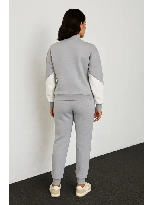 Kadın Premium Parçalı Eşofman Takım - Dik Yaka Fermuarlı Sweatshirt - Gri