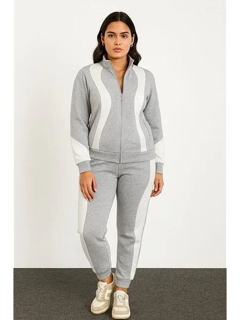 Kadın Premium Parçalı Eşofman Takım - Dik Yaka Fermuarlı Sweatshirt - Gri