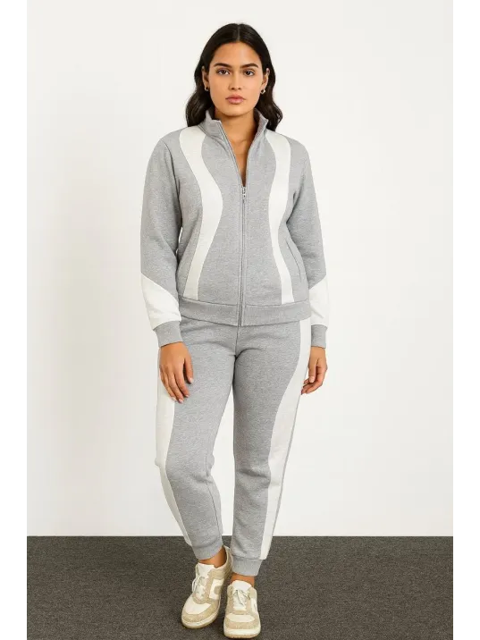 Kadın Premium Parçalı Eşofman Takım - Dik Yaka Fermuarlı Sweatshirt - Gri