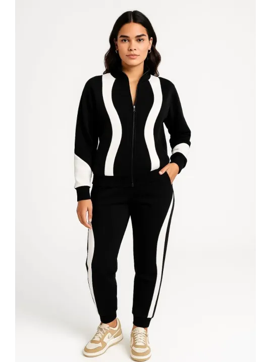 Kadın Premium Parçalı Eşofman Takım - Dik Yaka Fermuarlı Sweatshirt - Siyah