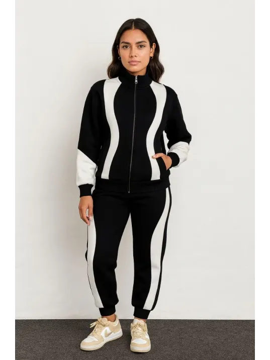 Kadın Premium Parçalı Eşofman Takım - Dik Yaka Fermuarlı Sweatshirt - Siyah