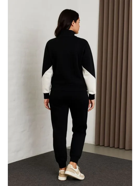 Kadın Premium Parçalı Eşofman Takım - Dik Yaka Fermuarlı Sweatshirt - Siyah