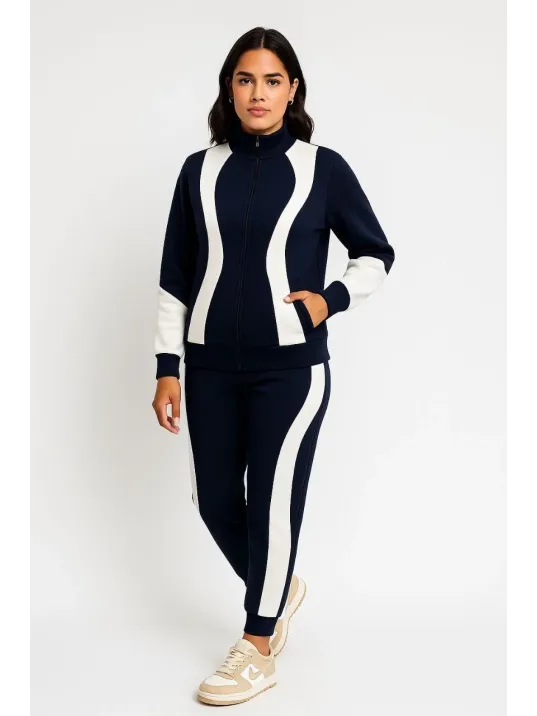 Kadın Premium Parçalı Eşofman Takım - Dik Yaka Fermuarlı Sweatshirt - Siyah