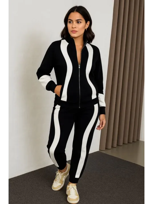 Kadın Premium Parçalı Eşofman Takım - Dik Yaka Fermuarlı Sweatshirt - Siyah