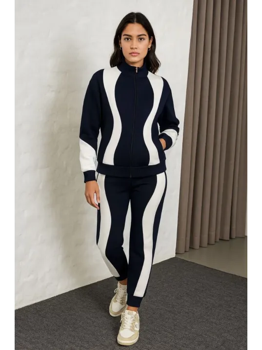 Kadın Premium Parçalı Eşofman Takım - Dik Yaka Fermuarlı Sweatshirt - Siyah