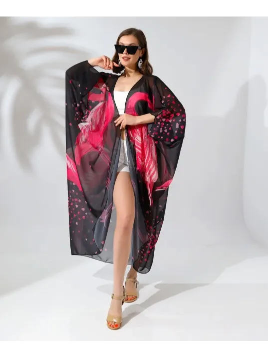 Kadın Rahat Kesim Şifon Kimono - Siyah