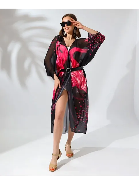 Kadın Rahat Kesim Şifon Kimono - Siyah