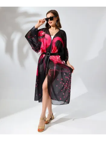 Kadın Rahat Kesim Şifon Kimono - Siyah