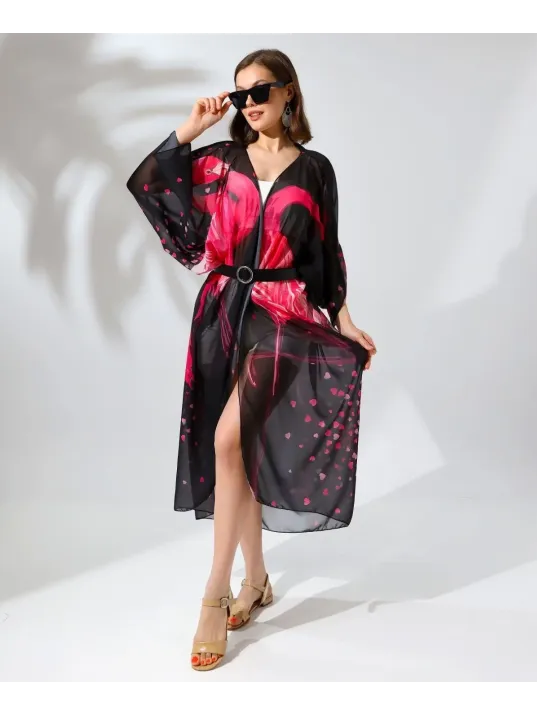 Kadın Rahat Kesim Şifon Kimono - Siyah