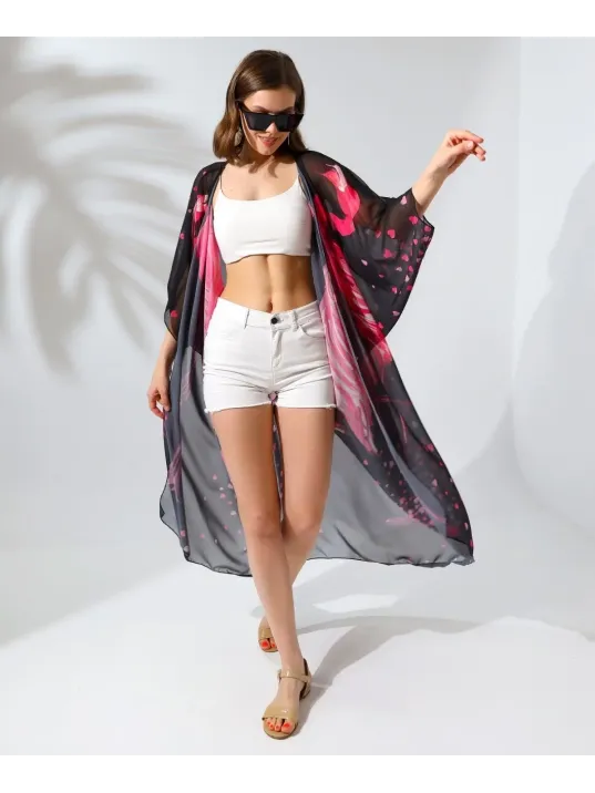 Kadın Rahat Kesim Şifon Kimono - Siyah