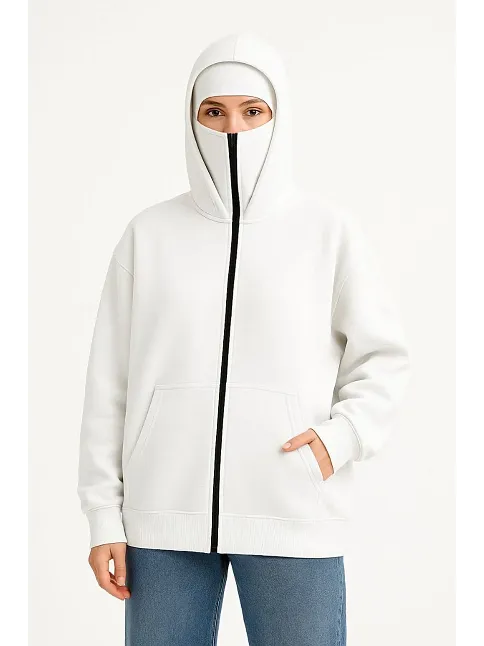 Kadın Samuray Ninja Çift Kapüşonlu Maske Detaylı Fermuarlı Kanguru Cepli Hoodie - Beyaz