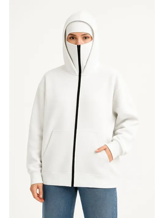 Kadın Samuray Ninja Çift Kapşonlu ZIP Fermuarlı Kanguru Çepli Hoodie Maske detaylı Swetshirt - Beyaz Kadın Samuray Ninja Çift Kapşonlu ZIP Fermuarlı Kanguru Çepli Hoodie Maske detaylı Swetshirt - Beyaz