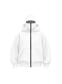 Kadın Samuray Ninja Çift Kapüşonlu Maske Detaylı Fermuarlı Kanguru Cepli Hoodie - Beyaz