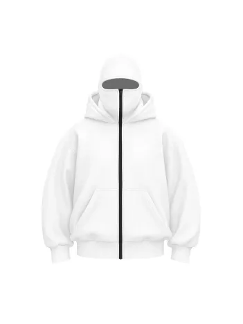 Kadın Samuray Ninja Çift Kapşonlu ZIP Fermuarlı Kanguru Çepli Hoodie Maske detaylı Swetshirt - Beyaz