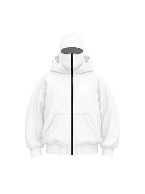 Kadın Samuray Ninja Çift Kapüşonlu Maske Detaylı Fermuarlı Kanguru Cepli Hoodie - Beyaz