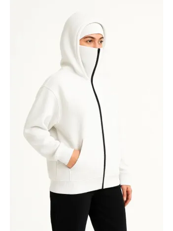 Kadın Samuray Ninja Çift Kapşonlu ZIP Fermuarlı Kanguru Çepli Hoodie Maske detaylı Swetshirt - Beyaz