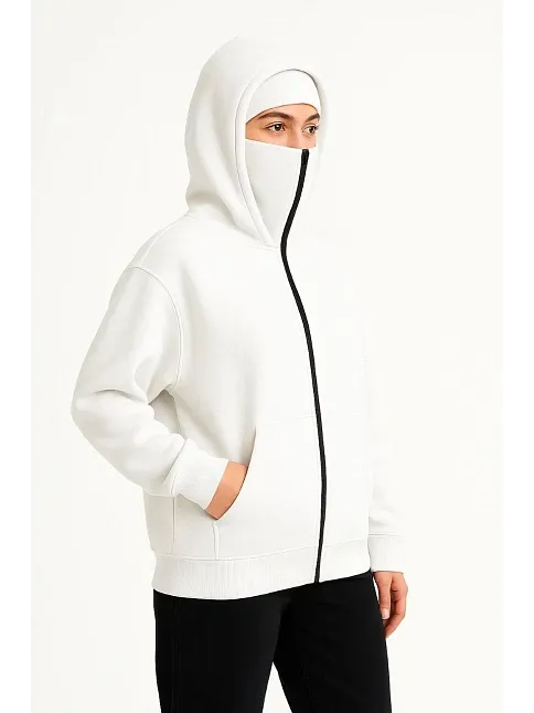 Kadın Samuray Ninja Çift Kapüşonlu Maske Detaylı Fermuarlı Kanguru Cepli Hoodie - Beyaz