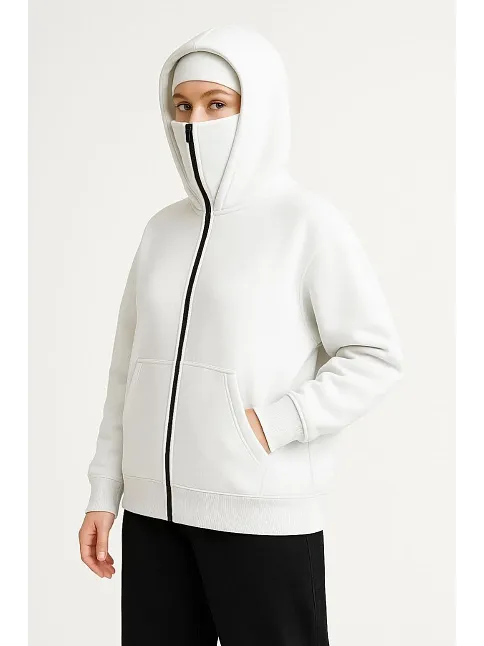 Kadın Samuray Ninja Çift Kapüşonlu Maske Detaylı Fermuarlı Kanguru Cepli Hoodie - Beyaz