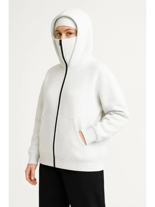 Kadın Samuray Ninja Çift Kapşonlu ZIP Fermuarlı Kanguru Çepli Hoodie Maske detaylı Swetshirt - Beyaz Kadın Samuray Ninja Çift Kapşonlu ZIP Fermuarlı Kanguru Çepli Hoodie Maske detaylı Swetshirt - Beyaz