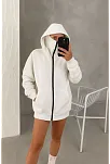 Kadın Samuray Ninja Çift Kapüşonlu Maske Detaylı Fermuarlı Kanguru Cepli Hoodie - Beyaz