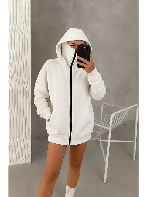 Kadın Samuray Ninja Çift Kapüşonlu Maske Detaylı Fermuarlı Kanguru Cepli Hoodie - Beyaz