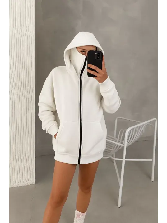 Kadın Samuray Ninja Çift Kapşonlu ZIP Fermuarlı Kanguru Çepli Hoodie Maske detaylı Swetshirt - Beyaz Kadın Samuray Ninja Çift Kapşonlu ZIP Fermuarlı Kanguru Çepli Hoodie Maske detaylı Swetshirt - Beyaz