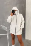 Kadın Samuray Ninja Çift Kapüşonlu Maske Detaylı Fermuarlı Kanguru Cepli Hoodie - Beyaz