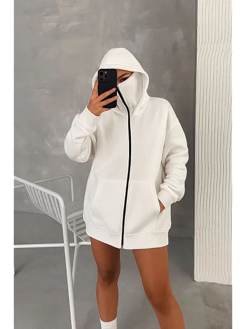 Kadın Samuray Ninja Çift Kapüşonlu Maske Detaylı Fermuarlı Kanguru Cepli Hoodie - Beyaz