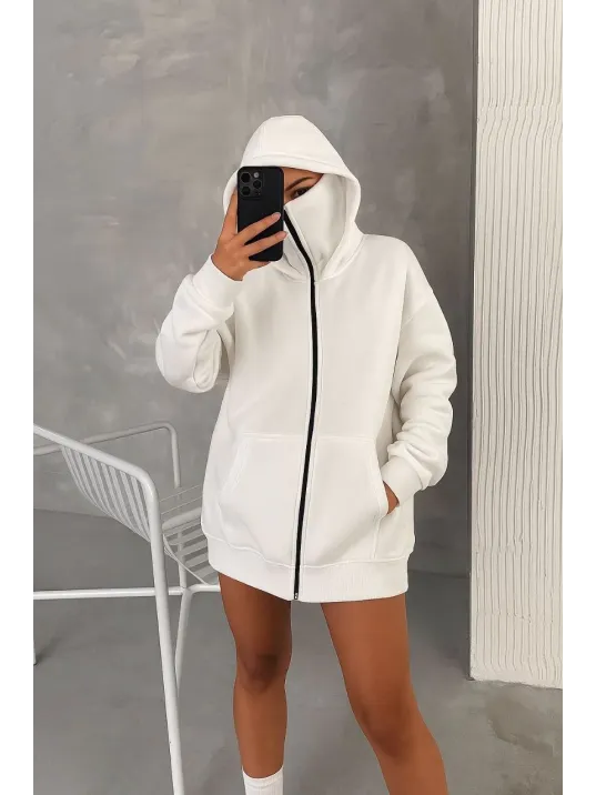 Kadın Samuray Ninja Çift Kapşonlu ZIP Fermuarlı Kanguru Çepli Hoodie Maske detaylı Swetshirt - Beyaz Kadın Samuray Ninja Çift Kapşonlu ZIP Fermuarlı Kanguru Çepli Hoodie Maske detaylı Swetshirt - Beyaz