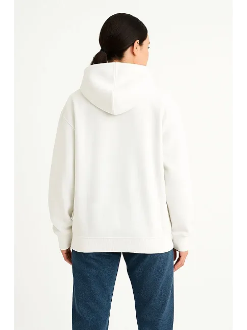 Kadın Samuray Ninja Çift Kapüşonlu Maske Detaylı Fermuarlı Kanguru Cepli Hoodie - Beyaz