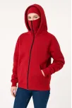 Kadın Samuray Ninja Çift Kapüşonlu Maske Detaylı Fermuarlı Kanguru Cepli Hoodie - Kırmızı