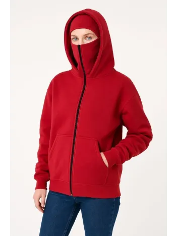 Kadın Samuray Ninja Çift Kapşonlu ZIP Fermuarlı Kanguru Çepli Hoodie Maske detaylı Swetshirt - Kırmızı