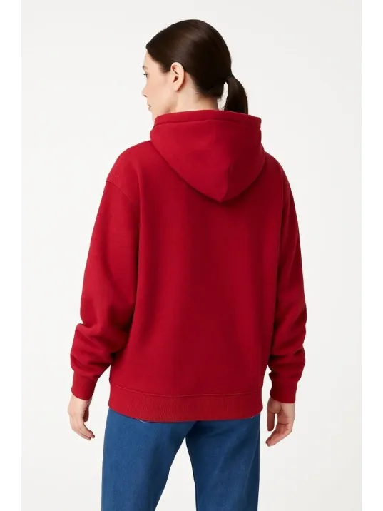 Kadın Samuray Ninja Çift Kapşonlu ZIP Fermuarlı Kanguru Çepli Hoodie Maske detaylı Swetshirt - Kırmızı