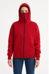 Kadın Samuray Ninja Çift Kapüşonlu Maske Detaylı Fermuarlı Kanguru Cepli Hoodie - Kırmızı